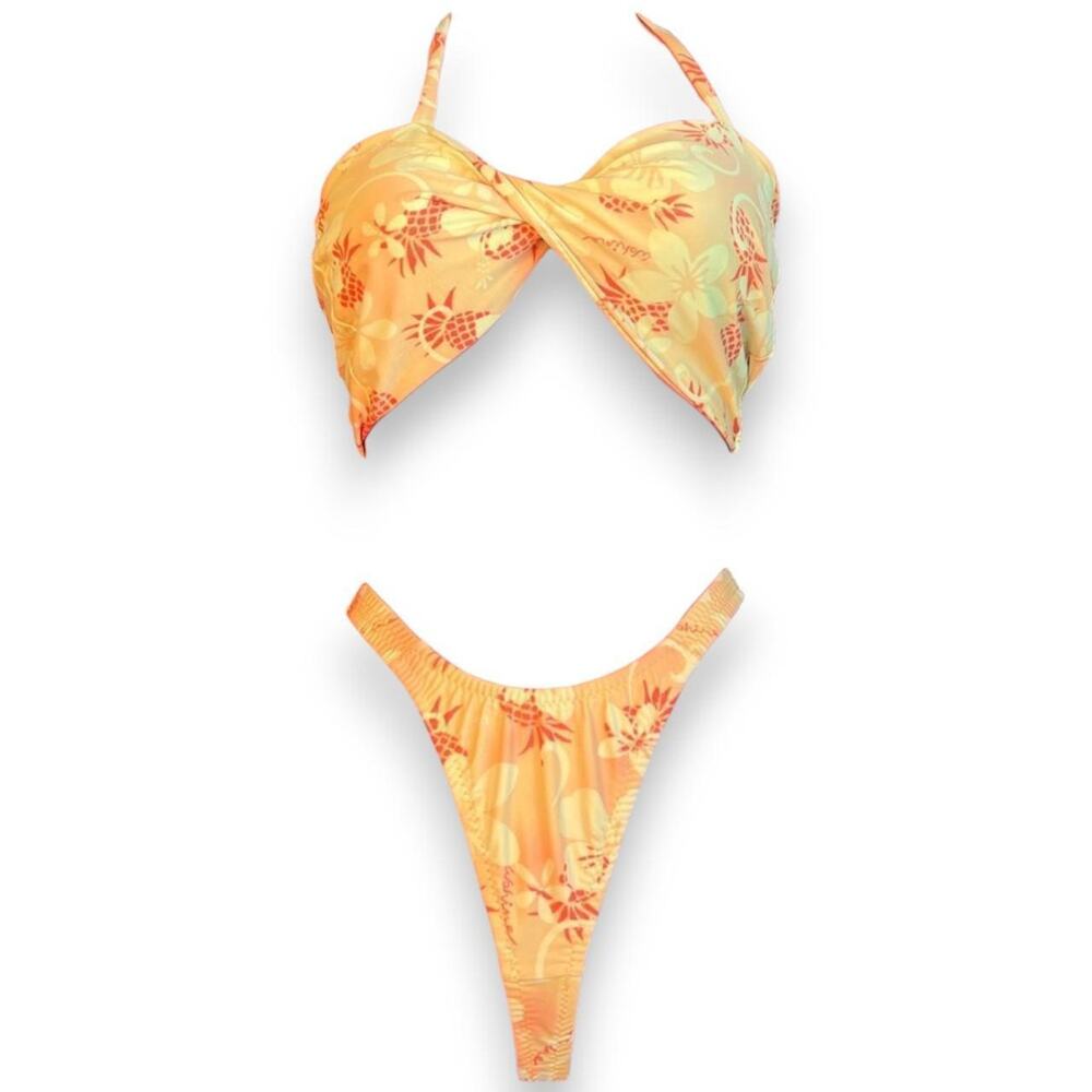 Vintage yellow hawaiian print thong bikini set